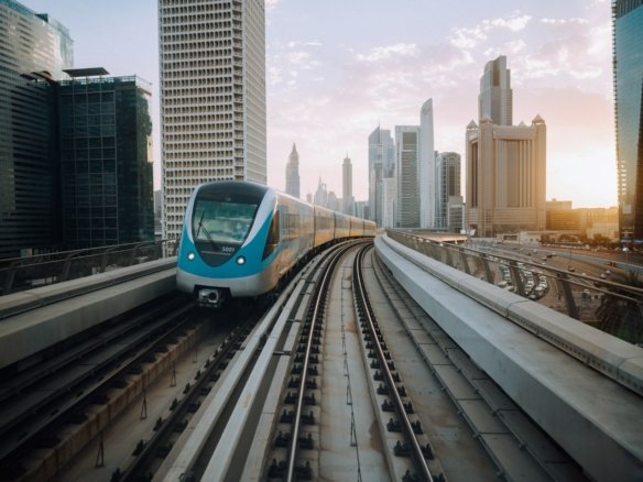 Dubai Metro train on an elevated track with the Dubai skyline at sunset