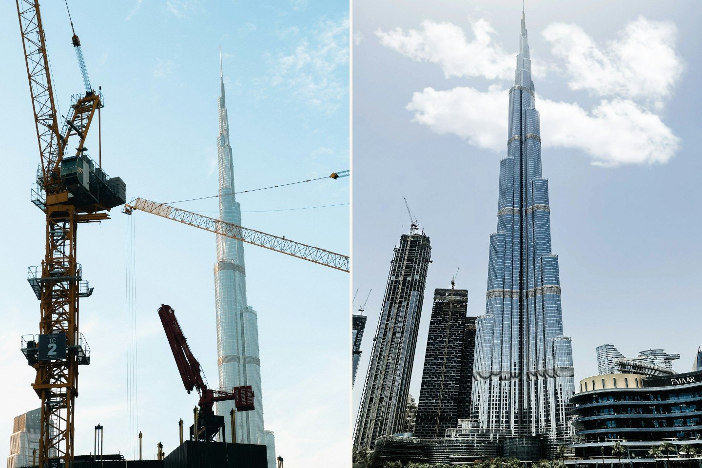 Side-by-side: Construction crane beside the Burj Khalifa, and new towers rising in Dubai