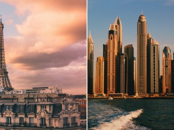 Side-by-side: Paris rooftops with the Eiffel Tower and Dubai Marina towers at golden hour