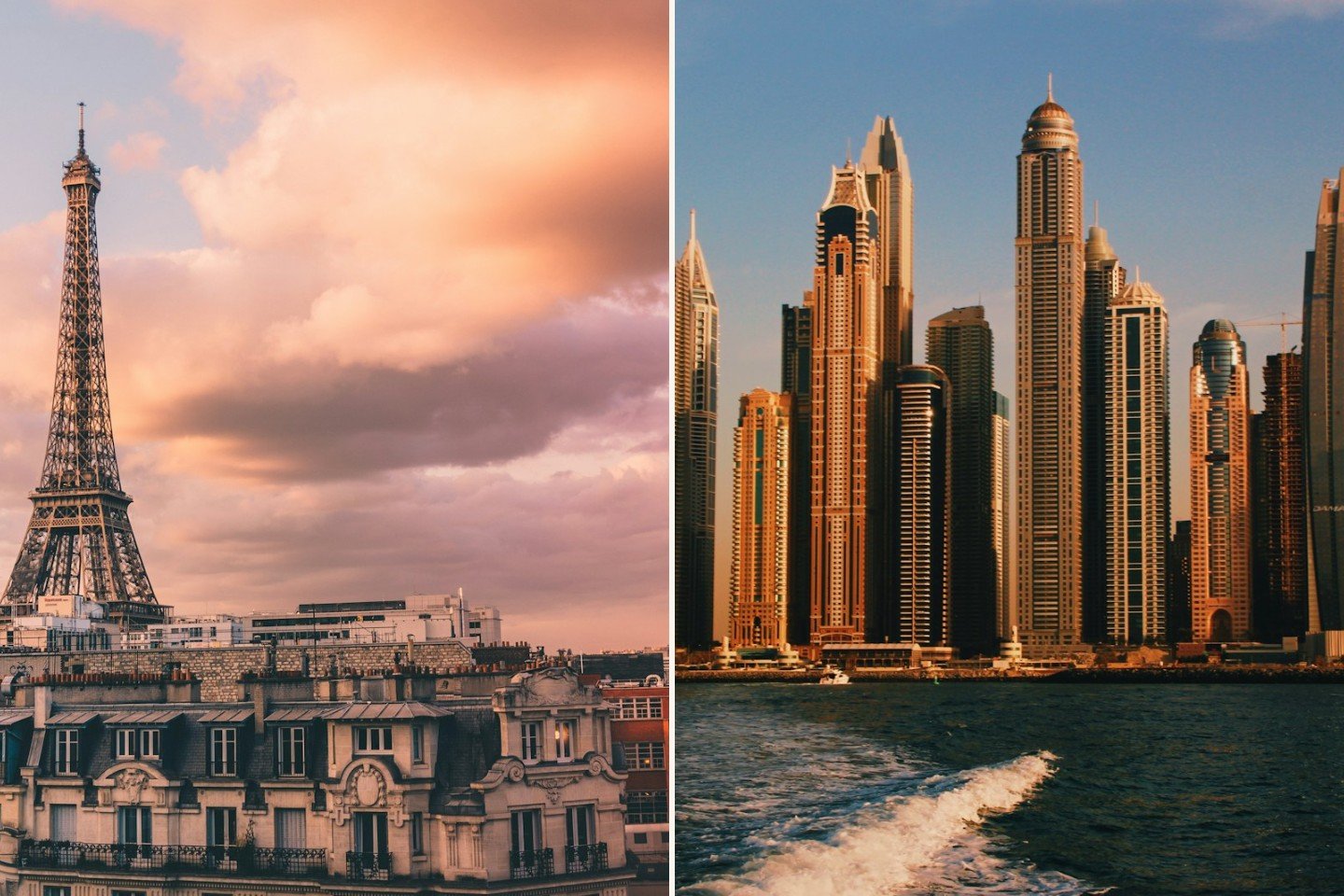 Side-by-side: Paris rooftops with the Eiffel Tower and Dubai Marina towers at golden hour
