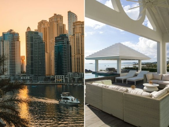 Side-by-side: Dubai Marina apartment towers at sunset and a luxury villa terrace with white sofas, pool and sea view