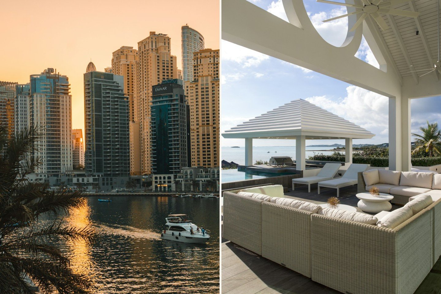 Side-by-side: Dubai Marina apartment towers at sunset and a luxury villa terrace with white sofas, pool and sea view